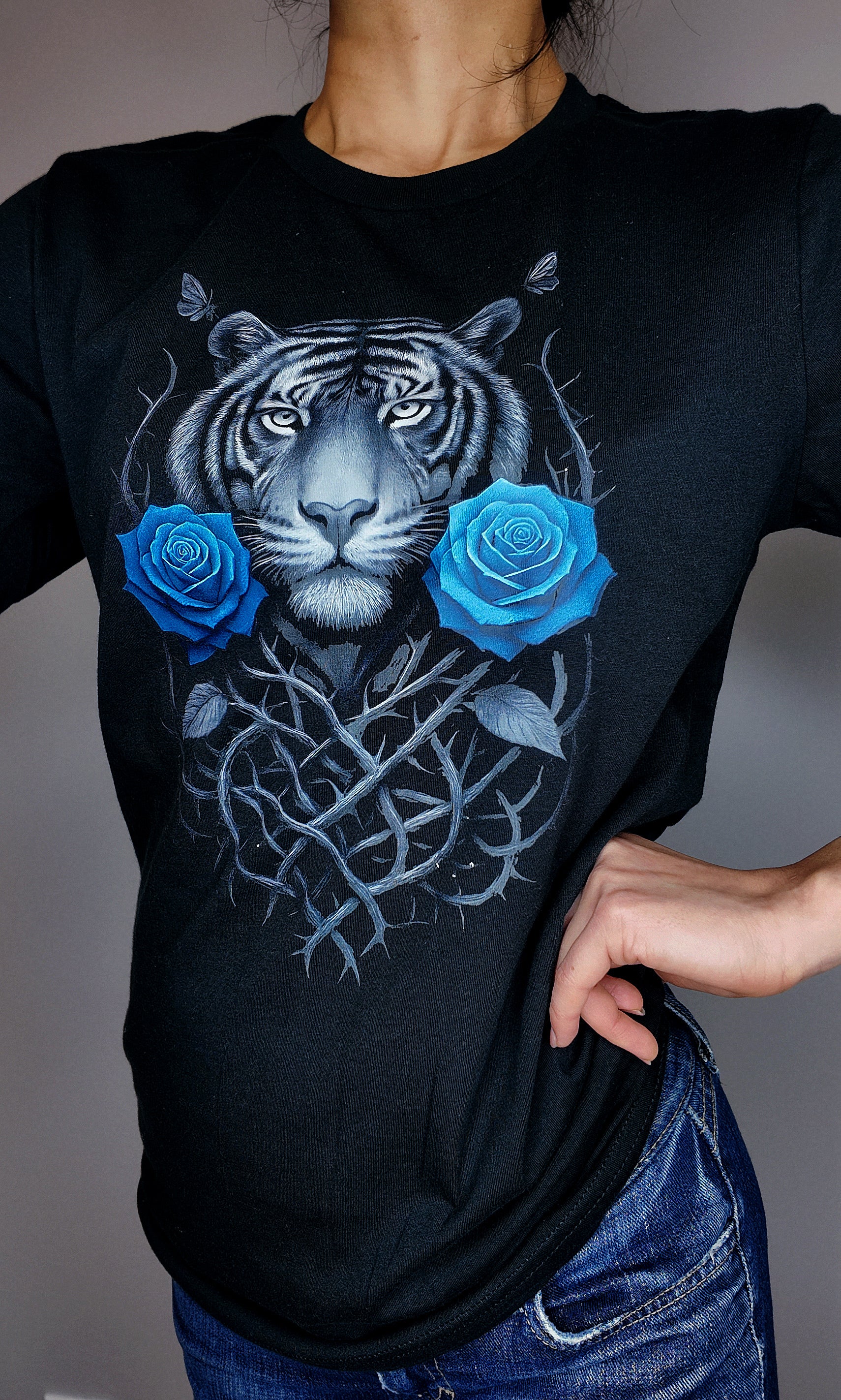 Tiger and Blue Rose Graphic T-Shirt
