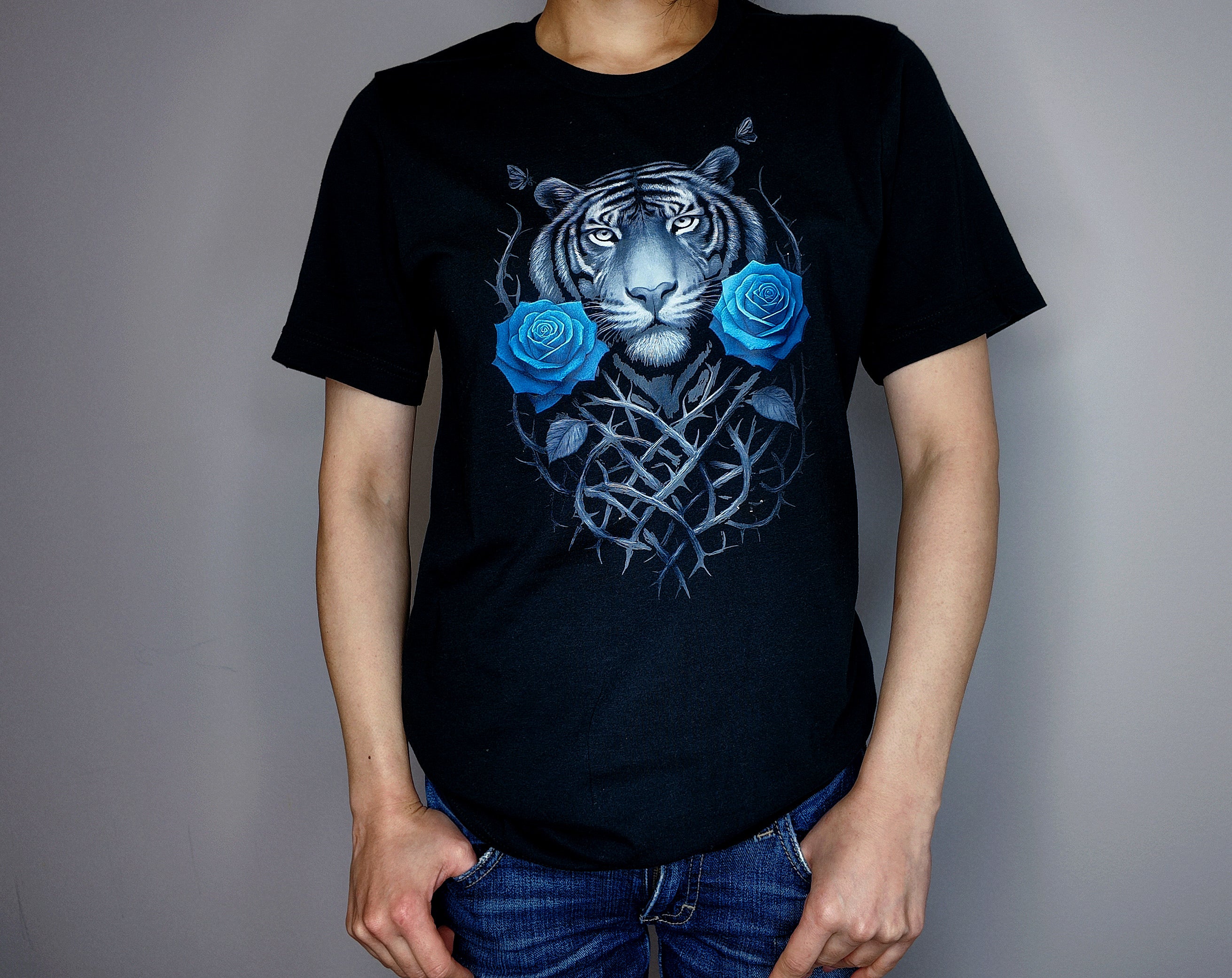 Tiger and Blue Rose Graphic T-Shirt